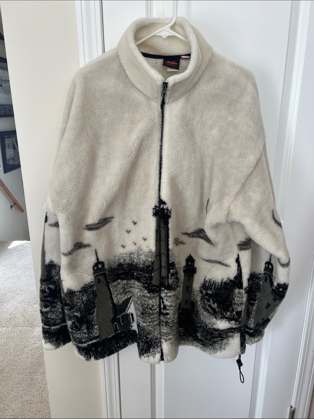 90s Mazmania Cozy Fleece Zip-Up Jacket with Lighthouse Scene - Cream & Black